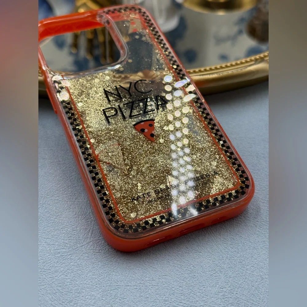 🆕 KATE SPADE NEW YORK 🧿 NWOT Pizza Box iPhone 14 Pro Case, Orange Glitter
